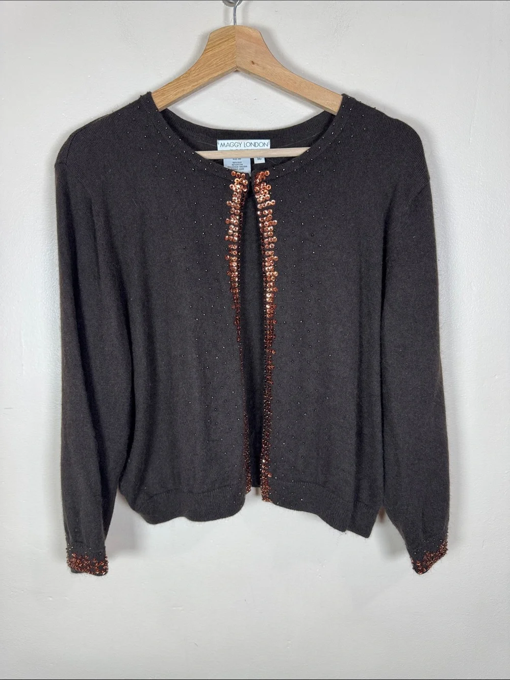 VTG Maggy London Chocolate Brown Cardigan Knit Beaded Trim Angora Silk Classic